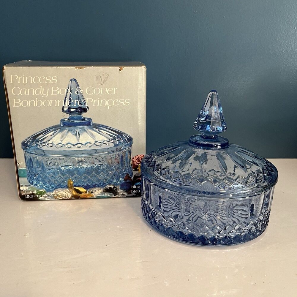 Indiana Glass Princess Diamond Point Ice Blue Candy Dish Vanity Vintage *READ